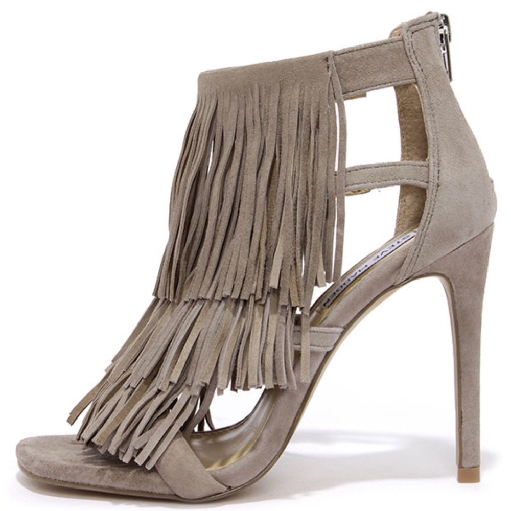 Fringe strap suede high heels by Steve Madden